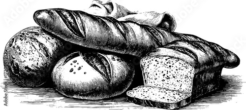 Vintage bread collection: baguette, rye loaf, and sliced bread sketch for culinary design