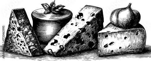 Hand drawn illustration of cheese variety with camembert and blue cheese wedges