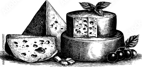 Vintage cheese selection illustration featuring blue cheese wedge and camembert for culinary design
