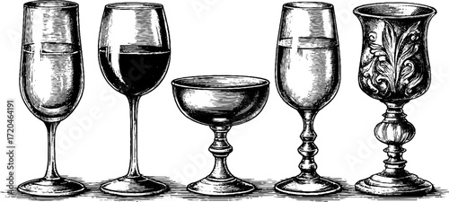 Vintage hand drawn illustration set of champagne flute and red wine glasses for retro design