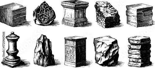 Vintage sketch of cobblestone and brick pattern set for architectural design
