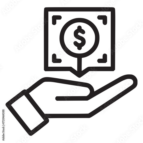 Vector art of a hand is offering a dollar sign in a speech bubble, this icon represents financial assistance, investment, or charitable giving in a simple and modern design