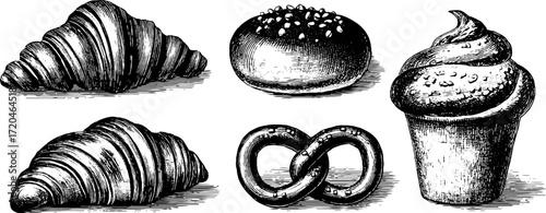Vintage bakery delights: croissant, brioche, bun, pretzel, cupcake illustrations for design