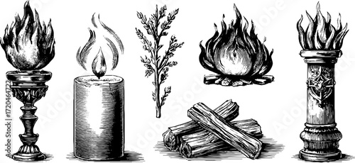 Vintage hand drawn candle and flame illustrations for art and design projects