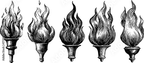 Vintage hand drawn set of flaming torches and smoke for retro design