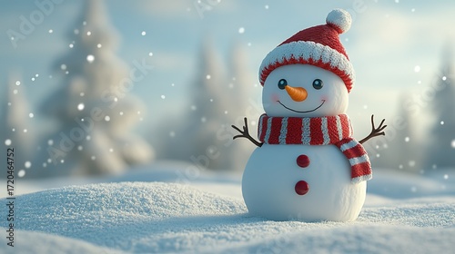 Cute Snowman in Winter Landscape with Knit Hat and Scarf