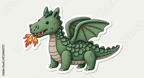 Plush Green Dragon Toy Spitting Fire Illustration for Children's Fantasy