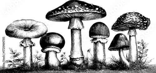 Vintage mushroom illustration featuring fly agaric, russula, and puffball for retro design and nature enthusiasts