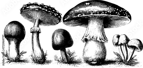 Vintage fungi collection: fly agaric, russula, and puffball for botanical art design