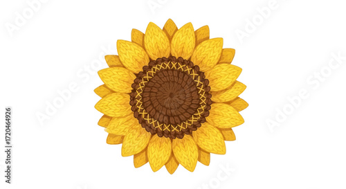 Detailed illustration of a yellow crocheted sunflower made from yarn. Handmade floral craft element isolated on a white background