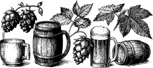 Vintage hand-drawn beer brewing elements with hop cones, barley ears, and mug sketches