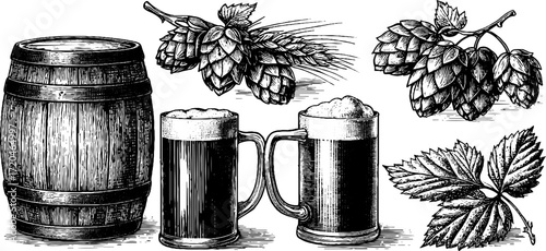 Rustic brewery collection: hop cones, barley ears, and beer mug illustrations for vintage design