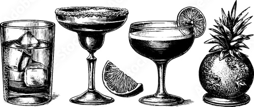 Vintage hand-drawn glassware set featuring lowball and highball designs for bar decor