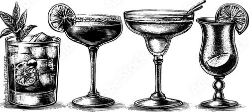 Classic cocktail glasses collection for bar and beverage enthusiasts