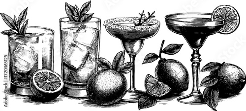 Vintage hand-drawn illustration set of lowball and highball glasses with citrus garnish for retro design