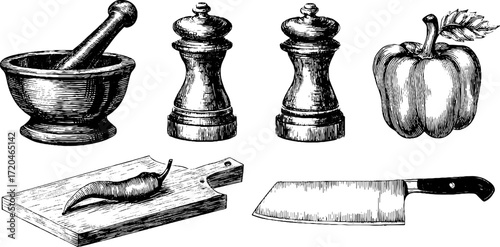Vintage kitchen tools and ingredients collection for culinary design