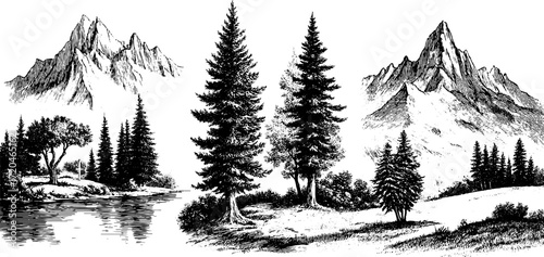 Tranquil mountain landscape with lake and pine forest in vintage style