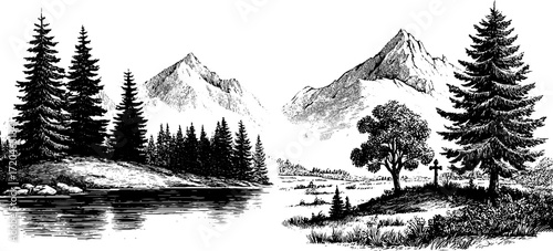Tranquil mountain lake scene with pine forest and meadow silhouette for nature design
