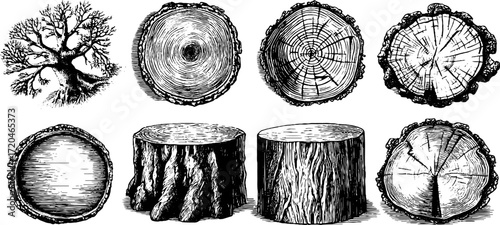 Vintage hand drawn engraving of oak and pine wood grain textures for design use