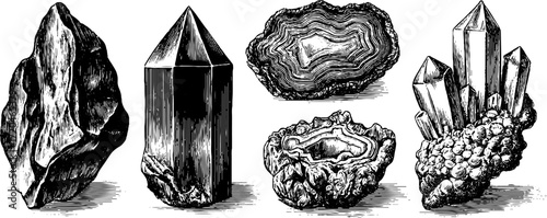 Vintage engraved illustration of obsidian, shard, and jasper stones for retro design