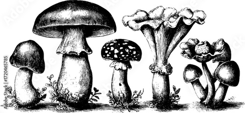 Vintage sketch set of porcini and aspen mushrooms - hand drawn edible fungi collection for retro design