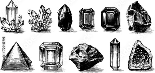 Vintage illustration set of quartz and amethyst crystal clusters for design