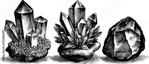 Hand drawn vintage quartz and amethyst crystal cluster sketch for design