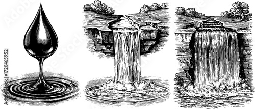 Vintage set of hand drawn raindrop, puddle ripple, and waterfall scene illustrations for design