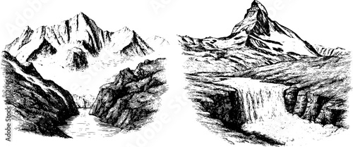 Hand-drawn rocky ridge and glacier snow peak scenic landscape illustrations