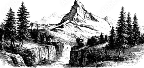 Majestic rocky ridge with glacier and snow-capped peaks hand drawn illustration for nature lovers