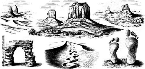 Desert sand dunes and ancient ruins landscape design for retro prints and posters