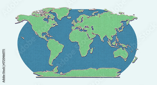 Stylized world map illustration displaying all continents and oceans, a simplified global representation of planet Earth suitable for educational and geographical concepts