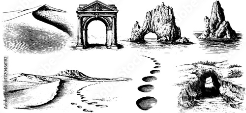 Vintage illustration set of sand dunes ripple marks and coastal landscapes for retro design