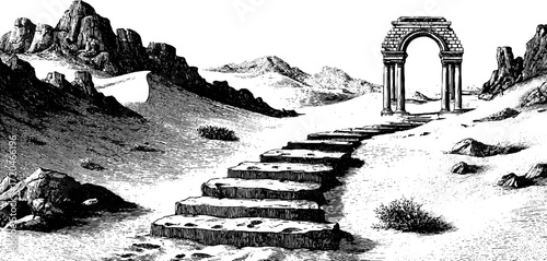 Vintage illustration of sand dunes and ripple marks with ancient archway in desert landscape