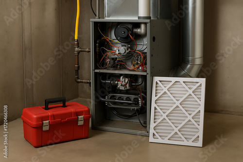 furnace filter air technician hvac maintenance. A red toolbox beside a heating unit, showcasing visible wires and a filter, set against a concrete wall in a utility area.