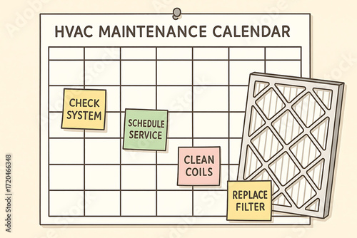 An illustrated HVAC maintenance calendar displaying tasks like checking the system, scheduling service, cleaning coils, and replacing filters.