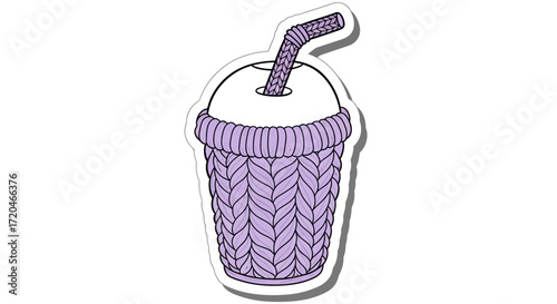 Charming Lilac Knitted Texture Beverage Cup Illustration with Straw, Ideal for Cozy Drink Themes and Winter Decor