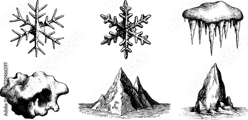 Winter elements illustration set: snowflakes, ice cracks, and icicles for seasonal designs