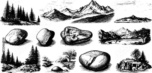Vintage rocky landscape illustrations with stone cracks and mountainous scenes for design