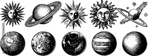Celestial bodies and constellations: vintage hand drawn planet and star illustrations for design