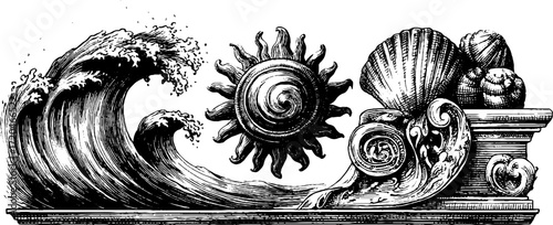 Vintage hand-drawn illustration of ocean waves, sun, and seashells in engraved style for retro design