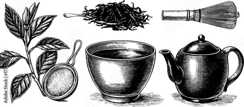 Vintage set of tea elements for kitchen decor and design