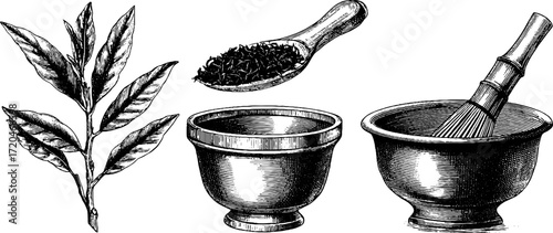 Vintage tea set and ingredients hand drawn illustration for design