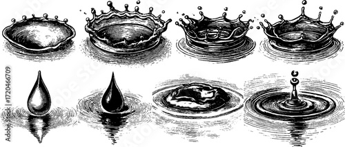 Vintage water drop and splash sketch set for design and decoration