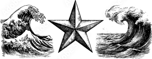 Vintage hand-drawn waves and star engraving for retro design