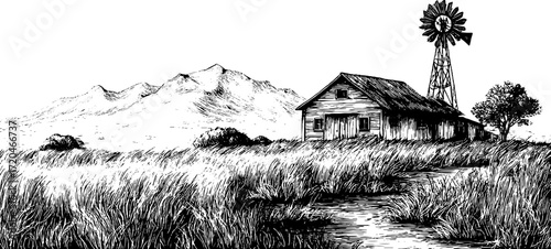 Rustic countryside scene with wheat field, haystack, barn, and windmill for vintage design