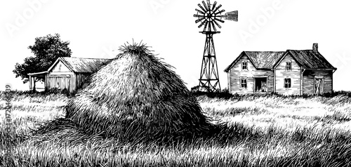 Rustic farm landscape with haystack barn and windmill for rural design