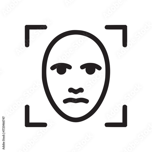 Vector art of minimalist icon of a face within a frame, representing facial recognition, security, and identity verification, suitable for technology, surveillance, and biometric themes