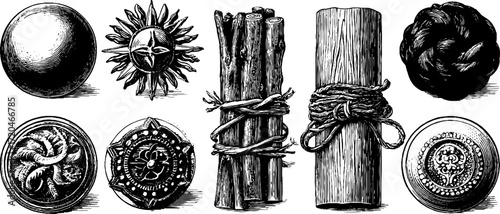 Vintage hand drawn set of carved wooden knot panels and logs for retro design