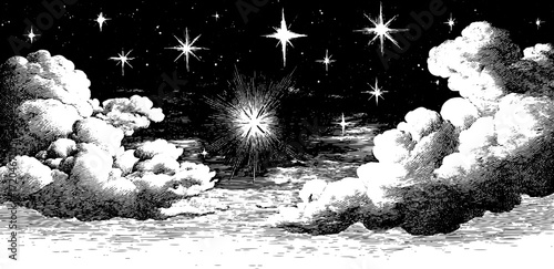 Vintage night sky with stars and clouds - seamless pattern design for decoration